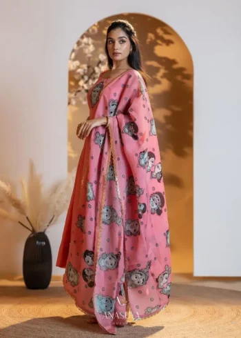 Digital Kalamkari Printed Chinon Silk Gown with Dupatta