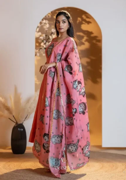 Digital Kalamkari Printed Chinon Silk Gown with Dupatta