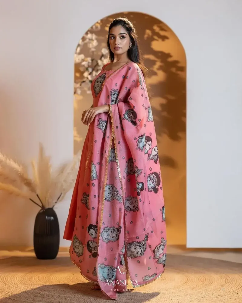 Digital Kalamkari Printed Chinon Silk Gown with Dupatta