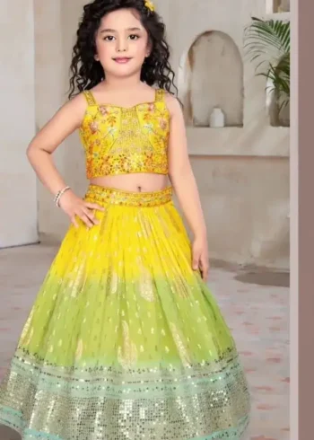 Digital Printed Faux Georgette Pista Lehenga for Kids