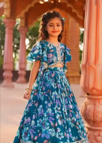 Digital Printed Sequins Work Stitched Lehenga for Kids