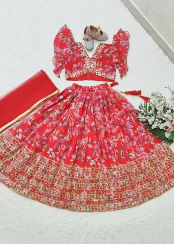 Digital Printed Sequins Work Stitched Lehenga for Kids