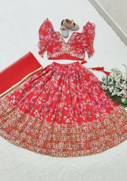 Digital Printed Sequins Work Stitched Lehenga for Kids