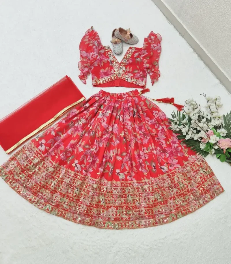 Digital Printed Sequins Work Stitched Lehenga for Kids