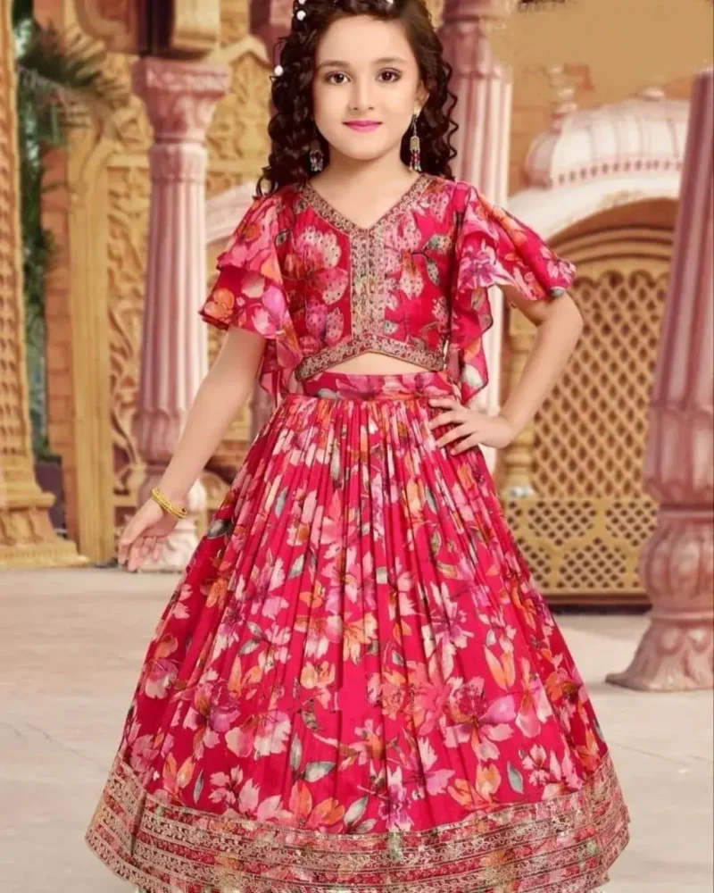 Digital Printed Sequins Work Stitched Lehenga for Kids