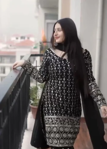 Faux Blooming Sequins Embroidered Stitched Black Suit