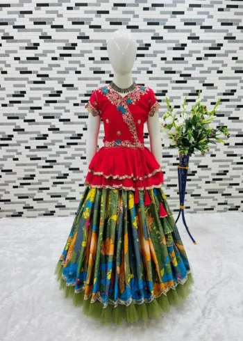 Faux Georgette Kediya Style Sequins Embroidered Lehenga for Kids