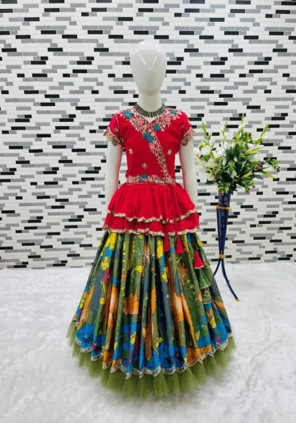 Faux Georgette Kediya Style Sequins Embroidered Lehenga for Kids