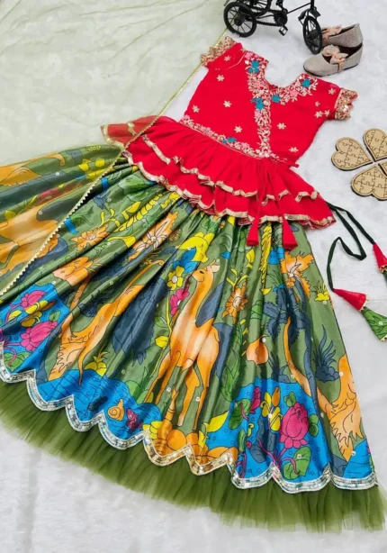 Faux Georgette Kediya Style Sequins Embroidered Lehenga for Kids