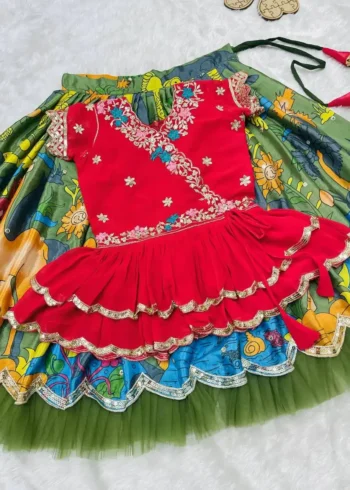 Faux Georgette Kediya Style Sequins Embroidered Lehenga for Kids