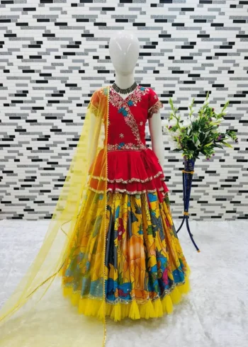 Faux Georgette Kediya Style Sequins Embroidered Lehenga for Kids