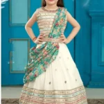 Faux Georgette Mirror Work Kids Lehenga for Wedding