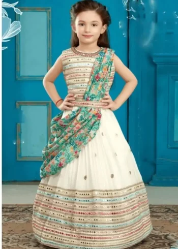 Faux Georgette Mirror Work Kids Lehenga for Wedding