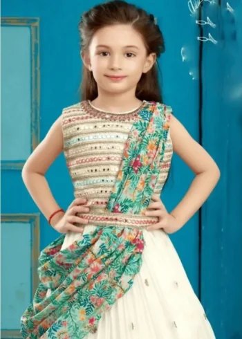 Faux Georgette Mirror Work Kids Lehenga for Wedding