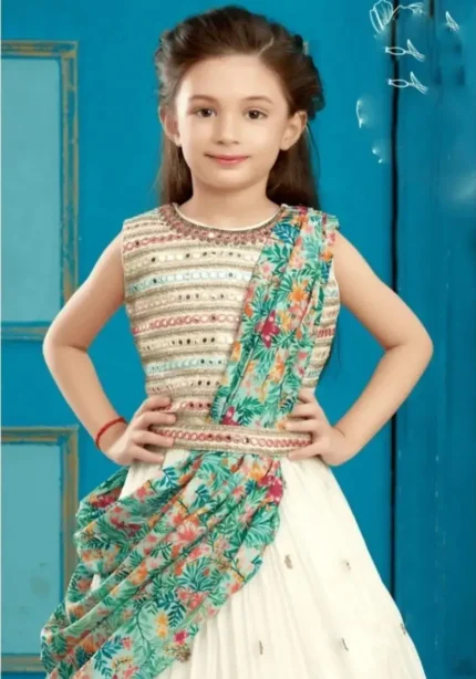 Faux Georgette Mirror Work Kids Lehenga for Wedding