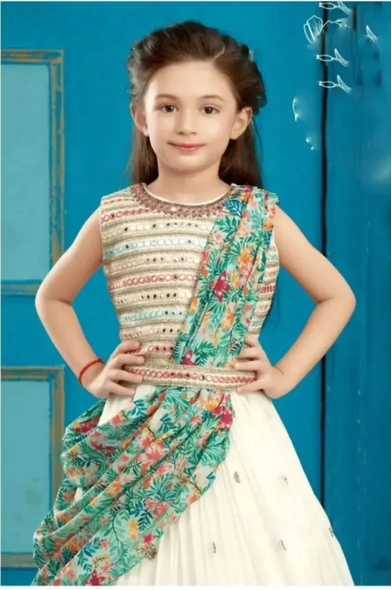 Faux Georgette Mirror Work Kids Lehenga for Wedding