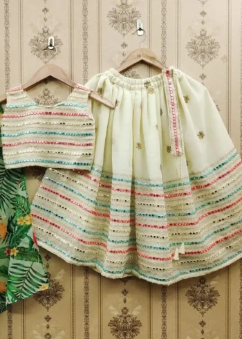 Faux Georgette Mirror Work Kids Lehenga for Wedding