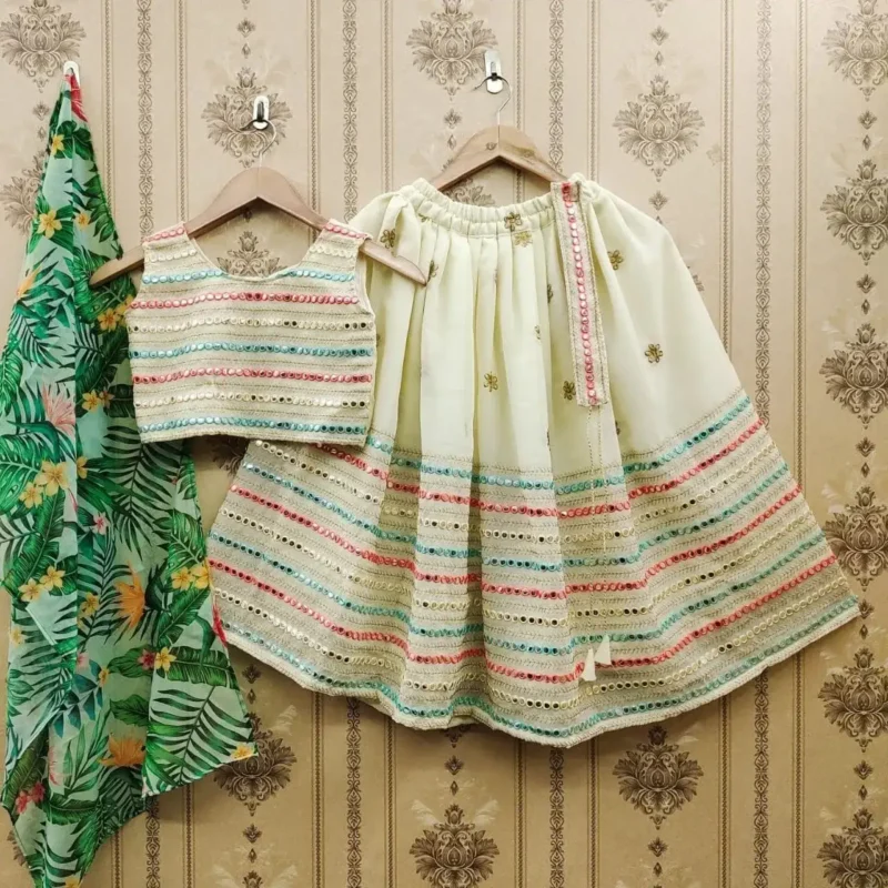 Faux Georgette Mirror Work Kids Lehenga for Wedding
