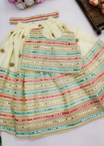 Faux Georgette Mirror Work Kids Lehenga for Wedding
