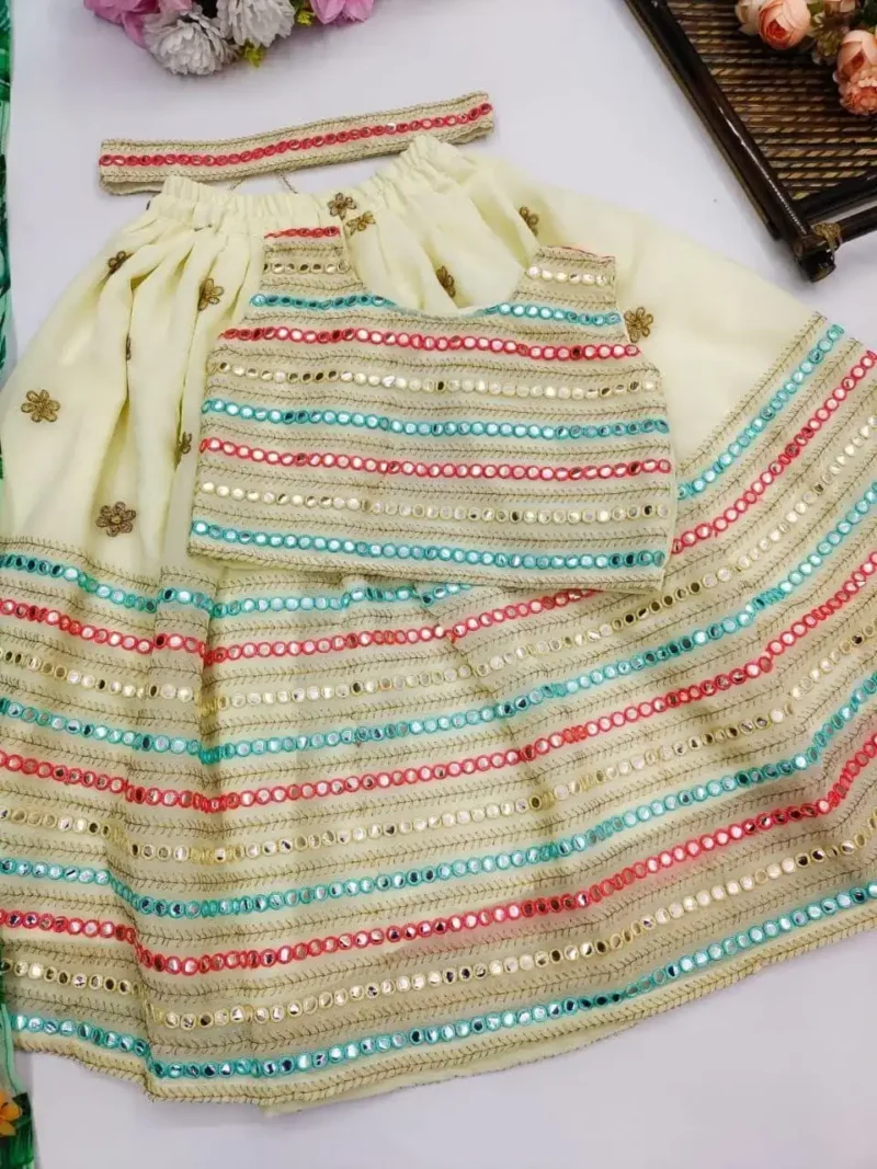 Faux Georgette Mirror Work Kids Lehenga for Wedding