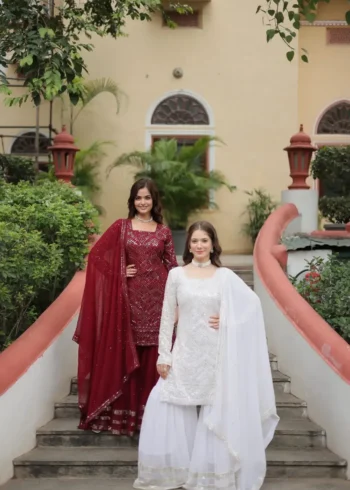Faux Georgette Sequins Embroidered Sharara Suits