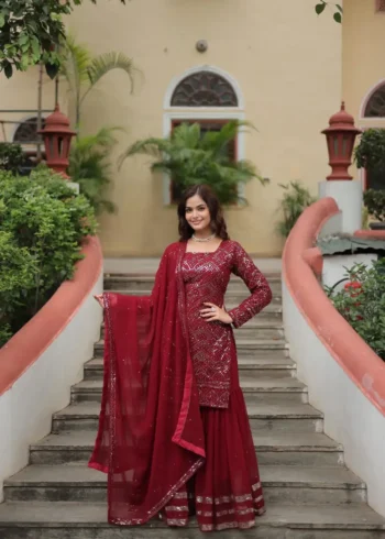 Faux Georgette Sequins Embroidered Sharara Suits