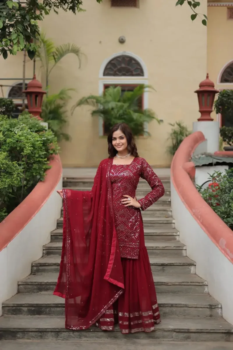 Faux Georgette Sequins Embroidered Sharara Suits