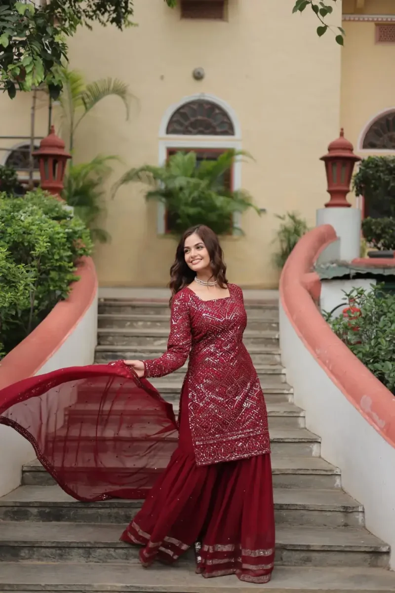 Faux Georgette Sequins Embroidered Sharara Suits
