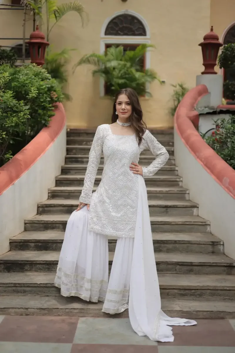 Faux Georgette Sequins Embroidered Sharara Suits