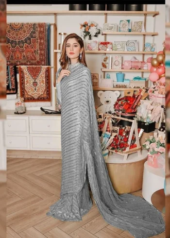Grey Soft Georgette Georgette Celebrity Party Wear Saree