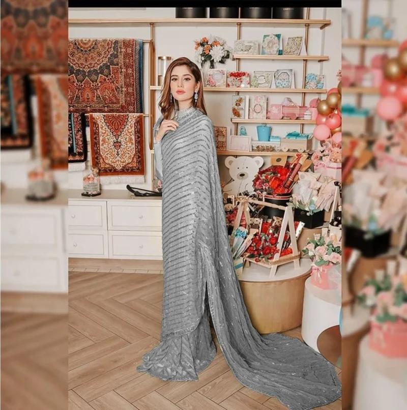 Grey Soft Georgette Georgette Celebrity Party Wear Saree