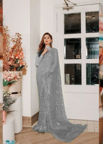 Grey Soft Georgette Georgette Celebrity Party Wear Saree