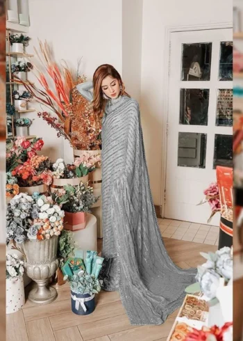 Grey Soft Georgette Georgette Celebrity Party Wear Saree