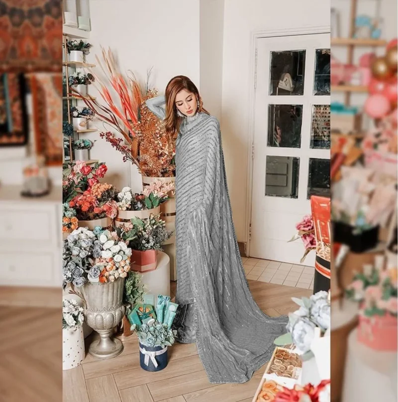 Grey Soft Georgette Georgette Celebrity Party Wear Saree