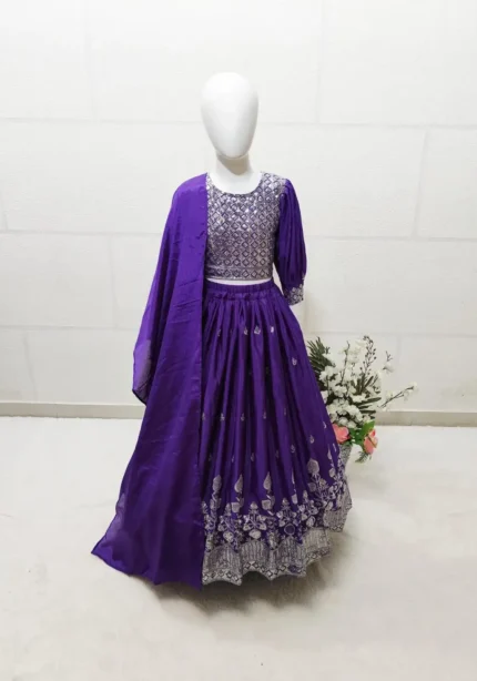 Heavy Cotton Silk Embroidered Purple Lehenga for Kids