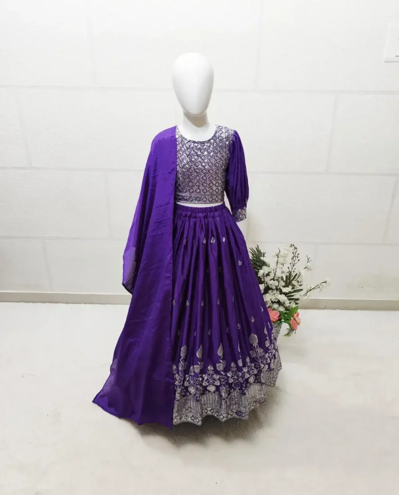 Heavy Cotton Silk Embroidered Purple Lehenga for Kids