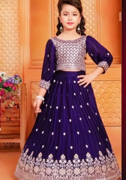 Heavy Cotton Silk Embroidered Purple Lehenga for Kids