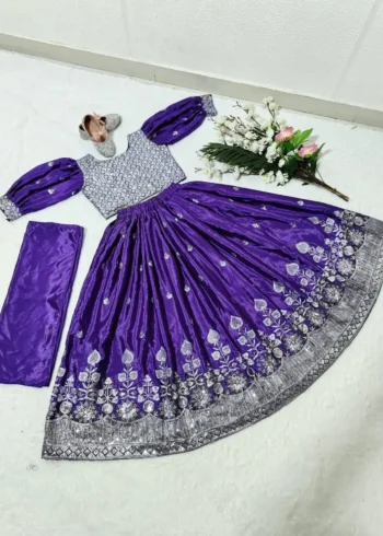 Heavy Cotton Silk Embroidered Purple Lehenga for Kids