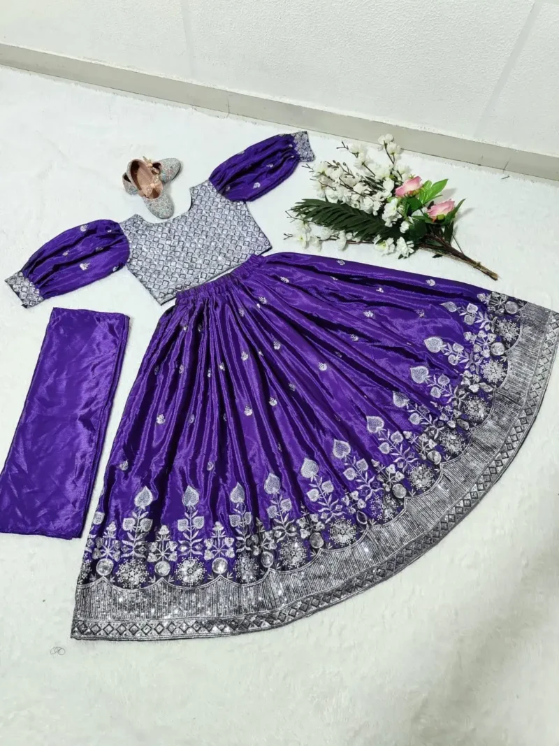 Heavy Cotton Silk Embroidered Purple Lehenga for Kids