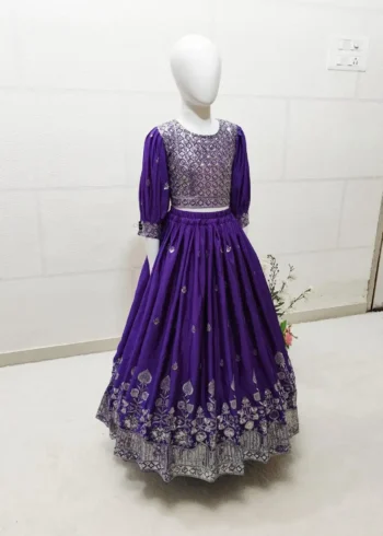 Heavy Cotton Silk Embroidered Purple Lehenga for Kids