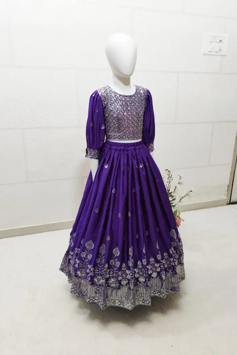 Heavy Cotton Silk Embroidered Purple Lehenga for Kids
