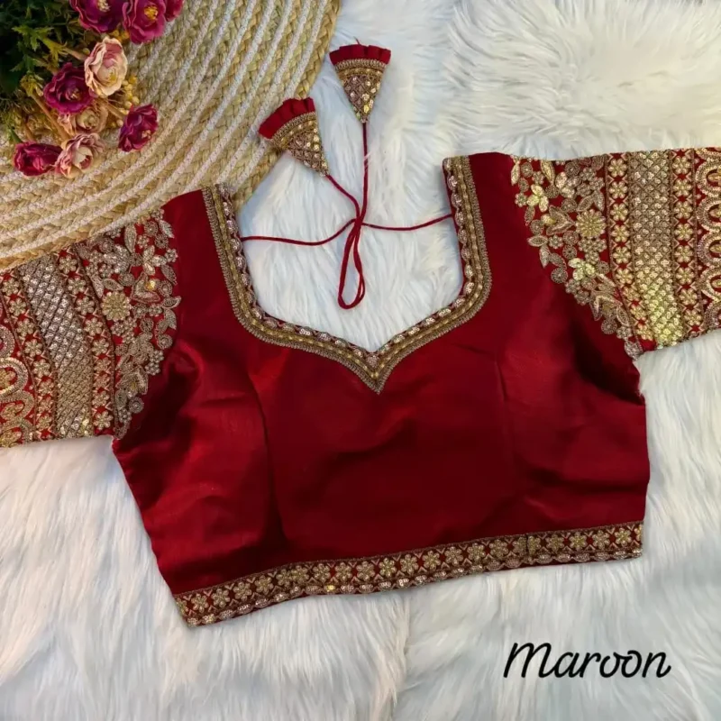 Heavy Embroidered Sleeves Italian Silk Designer Blouse