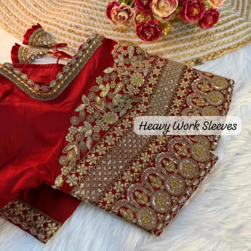 Heavy Embroidered Sleeves Italian Silk Designer Blouse