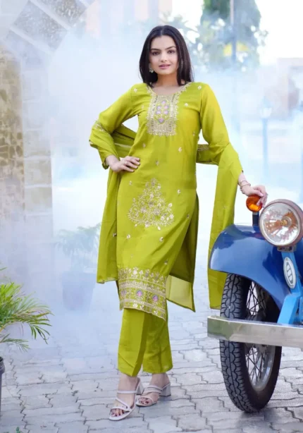 Heavy Embroidery Work Chinon Lemon yellow Suit