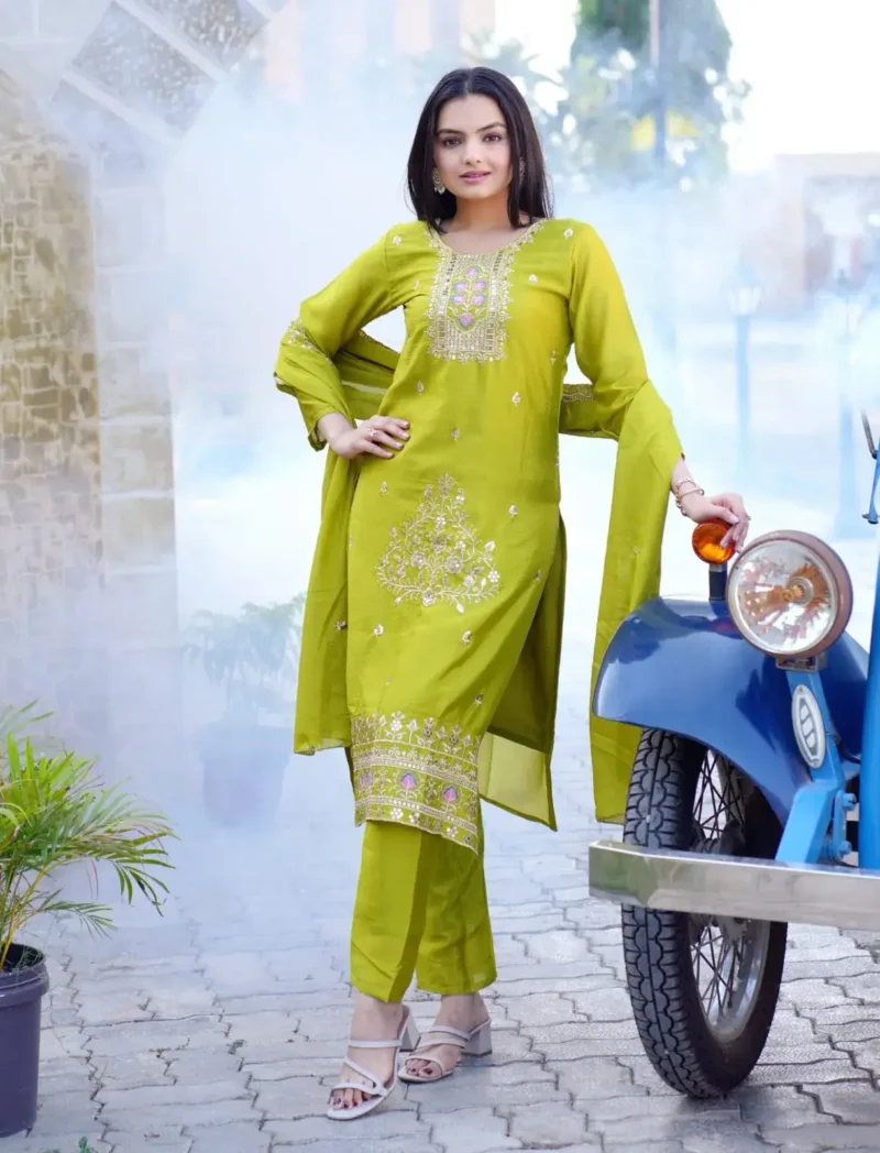Heavy Embroidery Work Chinon Lemon yellow Suit