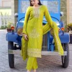 Heavy Embroidery Work Chinon Lemon yellow Suit