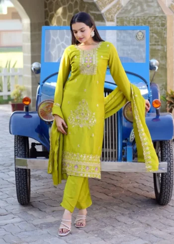 Heavy Embroidery Work Chinon Lemon yellow Suit