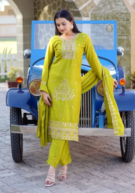 Heavy Embroidery Work Chinon Lemon yellow Suit