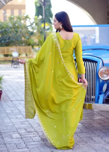 Heavy Embroidery Work Chinon Lemon yellow Suit