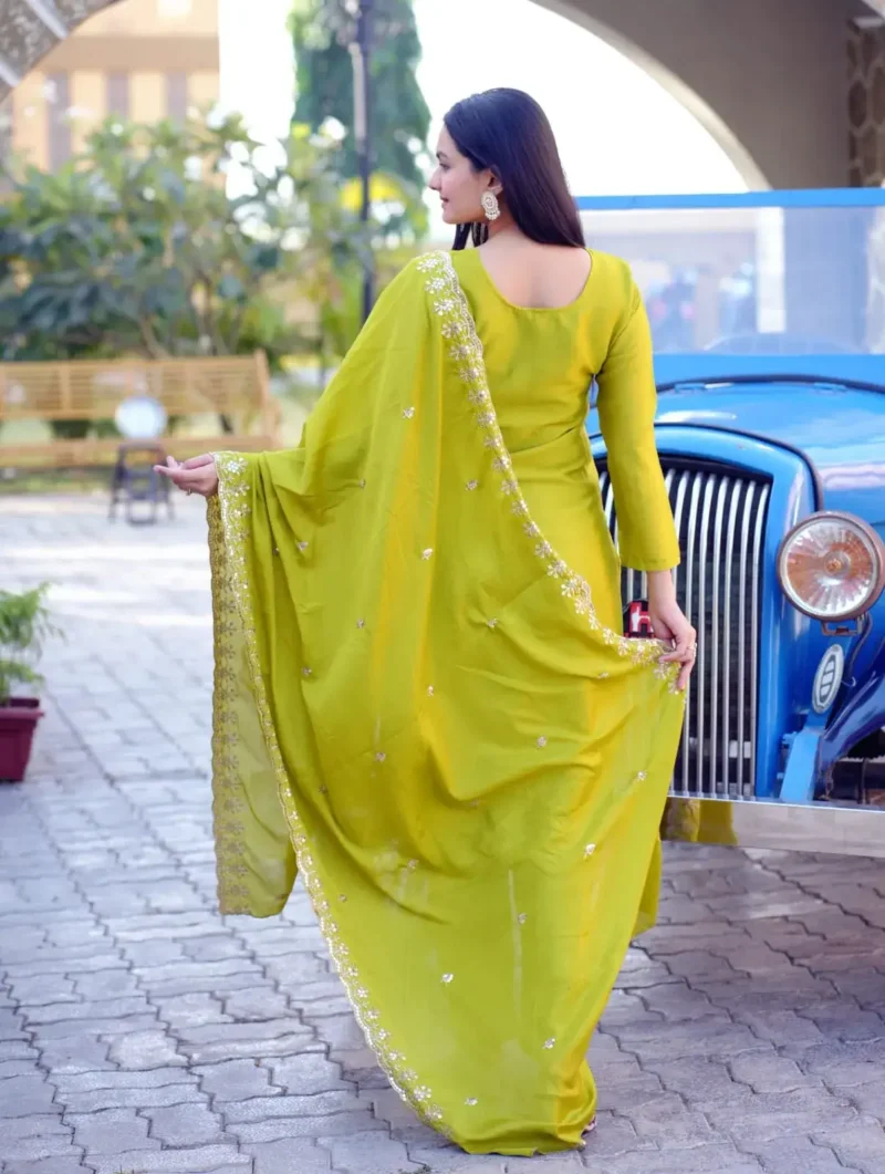 Heavy Embroidery Work Chinon Lemon yellow Suit